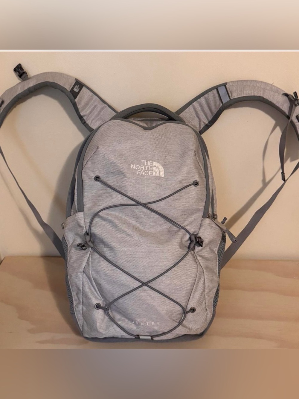The North Face Light Gray Backpack with Bungee Front